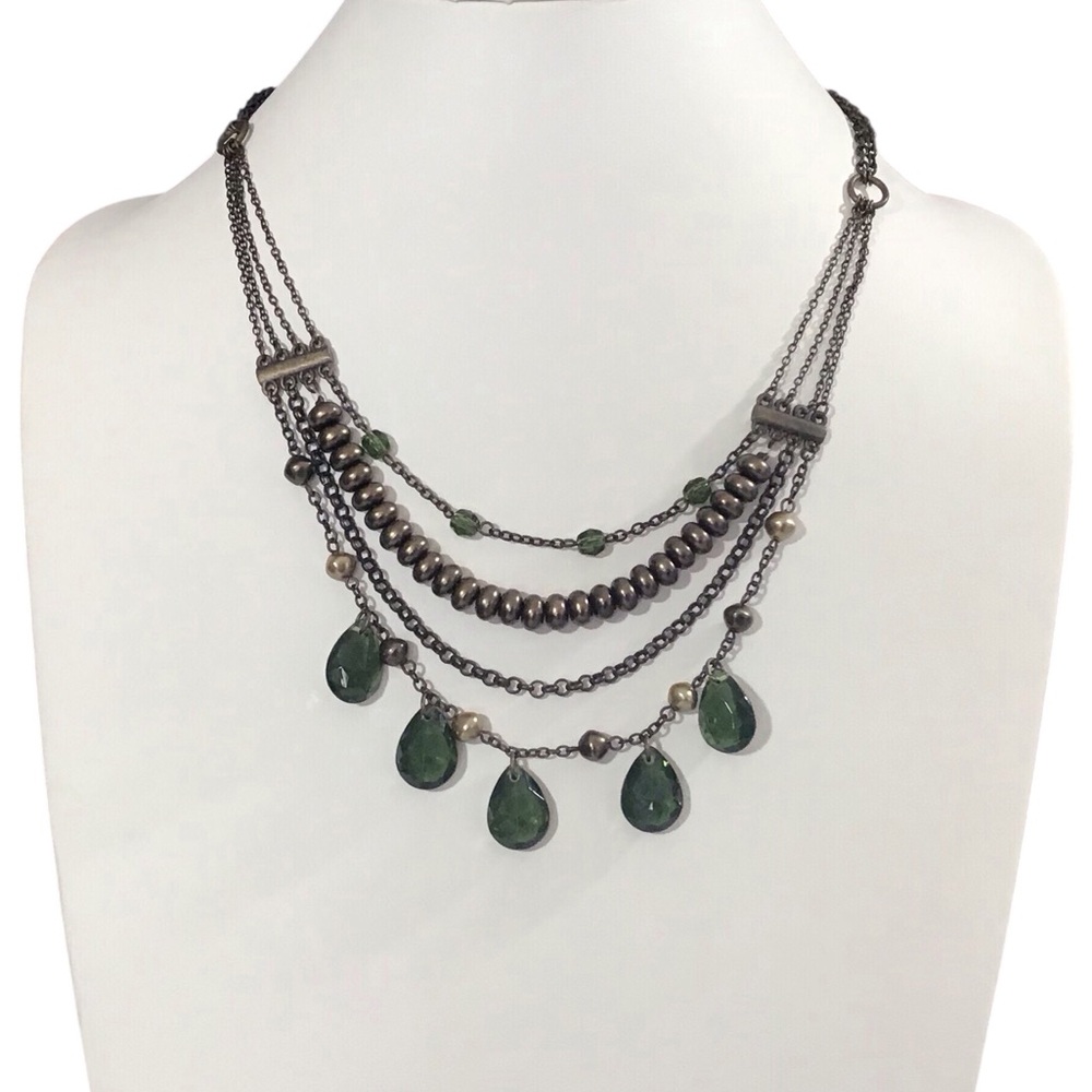 Multi Layered Green Necklace Chain Link Beaded Fashion Costume Jewelry